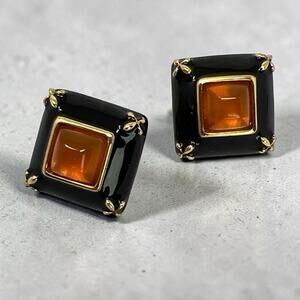 Vintage Joan Rivers 1980s Black Enamel Amber Cabochon Earrings Pierced Signed